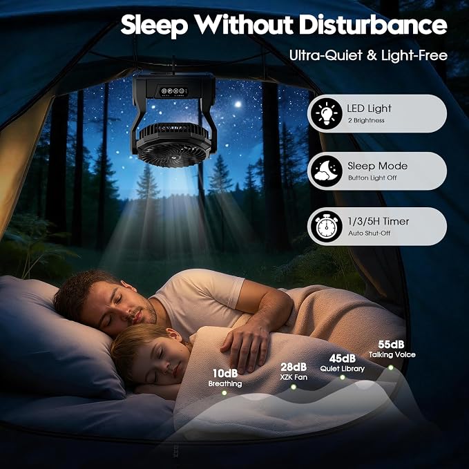 XZK 36000mAh Rechargeable Camping Fan, Battery Powered Portable Travel Fan | 98H Runtime, LED Light, Quiet Desk Fans for Indoor,Outdoor,Fishing,Jobsite & Hurricane Emergency, Gifts for Men Dad Him - Image 4