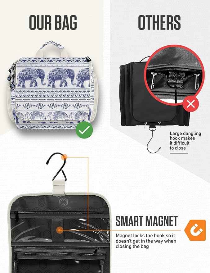 VENTURE 4TH Hanging Travel Toiletry Bag, 17 Compartments - Blue Elephant | Hangs on rails, hooks or doors; stands upright too. Removable TSA pouch. Water-resistant 900D Nylon, reinforced stitching. - Image 6