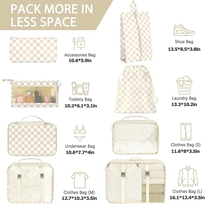 8 Set Packing Cubes for Travel, Luggage Packing Organizers Accessories Large Toiletries Bag for Clothes Shoes Cosmetics (Khaki Checkered) - Image 2