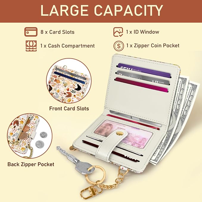 Jogjam Chicken Leaves Rfid Women Wallet, Small Slim Credit Card Holder | PU Leather Bifold Cash Zipper Coin Pocket ID Window, for Female Ladies Teen Girls Girly Gifts - Image 4