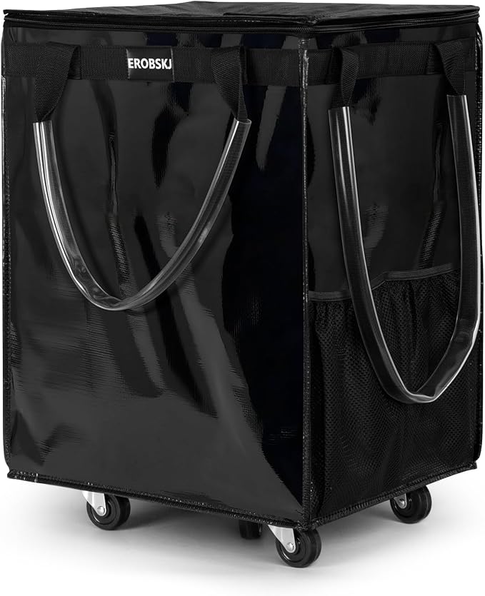 (Large,Black) Reusable Grocery Bag on Wheels, Foldable Rolling Tote, Carries Up to 76 lbs Shopping Trolley, Zipper Clouser Shopping Carts for Trips, Laundry, 5 Heavy Duty Wheels and 3 Handles by EROBSKJ