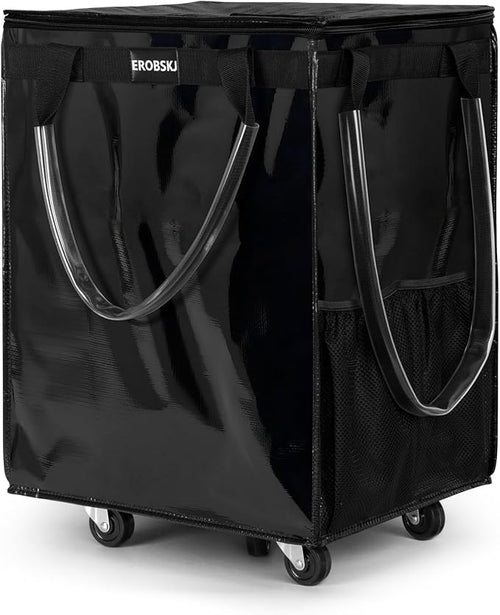 (Large,Black) Reusable Grocery Bag on Wheels, Foldable Rolling Tote, Carries Up to 76 lbs Shopping Trolley, Zipper Clouser Shopping Carts for Trips, Laundry, 5 Heavy Duty Wheels and 3 Handles by EROBSKJ