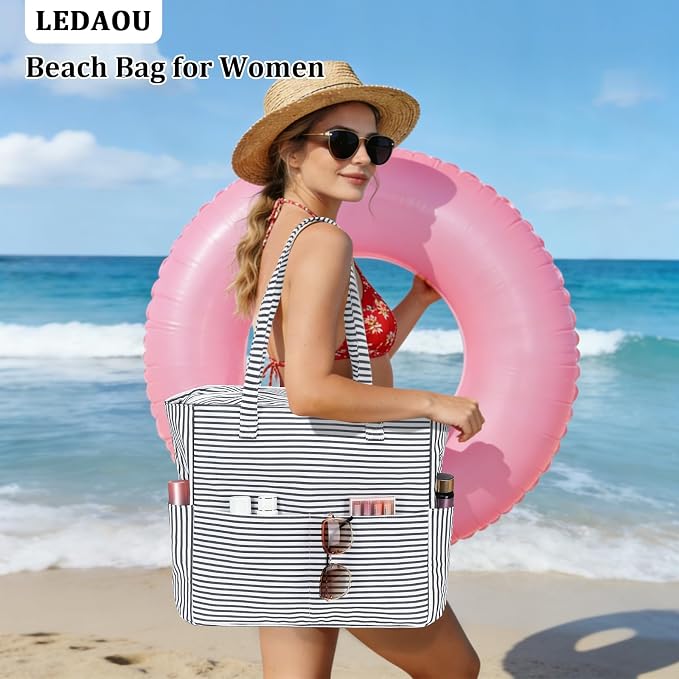 LEDAOU Large Beach Bag for Women, Waterproof Sandproof Tote Bag with Zipper | 36L Pool and Swim bag with Zipper, Wet/Dry pocket and 7 Pockets for Beach Days, Cruises, Vacations and Family travel - Image 3