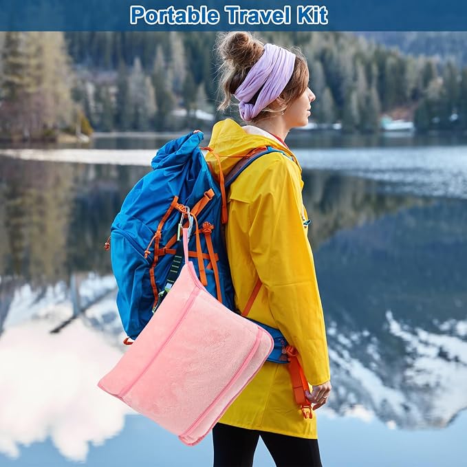 Travel Blanket and Pillow Set - Neck Pillow Airplane Essentials, Pink | Memory Foam, Sleep Mask, Earplugs with Bag, Fleece Soft Comfort for Long Plane Flight Traveling Car Road Trip Flying - Image 8