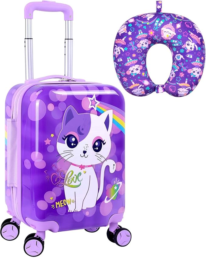 Lightweight Hardshell Spinner Suitcase Set for Kids 2PCS with Wheels - Airplane Approved Carry-On Luggage for Girls& Children Ages 3-10, Purple Cat Rolling Suitcases for Elementary Toddler Travel by UFNDC