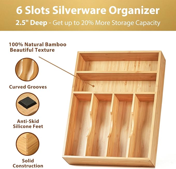 Kitchen Drawer Organizer, 12 Inch Silverware Utensil Tray Holder, Extra Deep, with Non-Slip Feet & Grooved Drawer Divider, 6 Slots Total Bamboo Wood Caddy for Flatware Cutlery Knives - Image 2