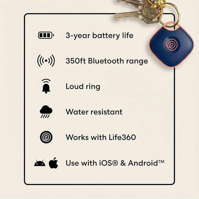 Life360 Tile - Bluetooth Tracker, Keys Finder and Item Locator for Keys, Bags and More. Phone Finder. Both iOS and Android Compatible. 4-Pack (Black/Pink Punch/Navy Blaze) - Image 7