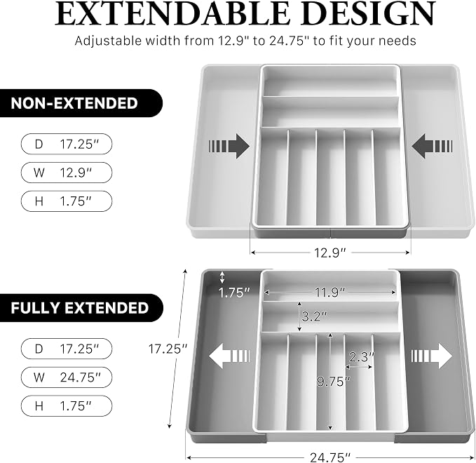 Simple Houseware Expandable Kitchen Drawer Flatware Organizer, Gray/White - Image 2