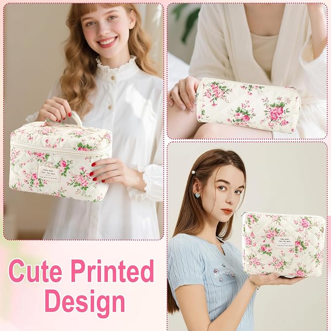 URSKYTOUS 3Pcs Cotton Quilted Makeup Bag for Women Girls Large Small Travel Pink Floral Cosmetic Bags Set Cute Coquette Makeup Pouch for Purse Aesthetic Cloth Flower Storage Toiletry Bag Organizer - Image 6