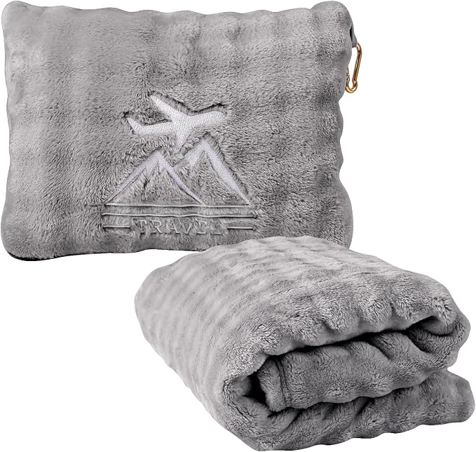 Travel Blanket and Pillow-2-in-1, Ultra-Soft&Compact, One-Piece Airplane Blanket with Hand Luggage Belt and Backpack Clip,Travelers Accessories Gifts, 61x43 Inches (Gray) by Unknown