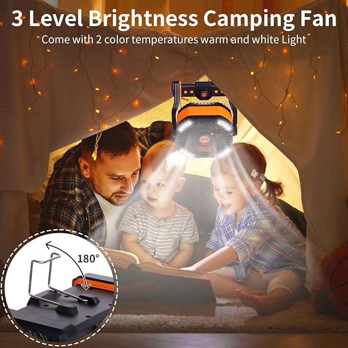 WESTTREE 20000mAh Battery powered fan Camping Fan essentials Portable fan Battery OperatedRechargeable Outdoor Tent with Light & Hook Personal USB Desk for Camping,Orange - Image 3