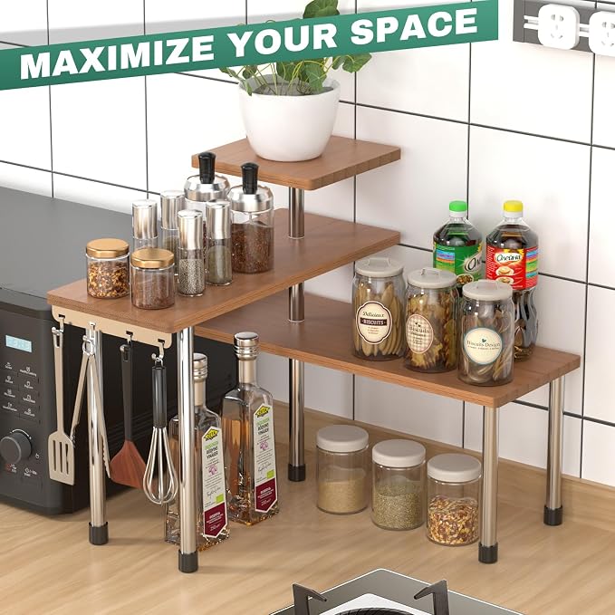 ZHWS Bathroom Counter Organizer Corner Countertop Shelf Adjustable 3 Tier Corner Shelf Kitchen Counter Organizer with 4 Metal Hooks for Bathroom Counter, Makeups, Dresser Table, Over Sink - Image 3