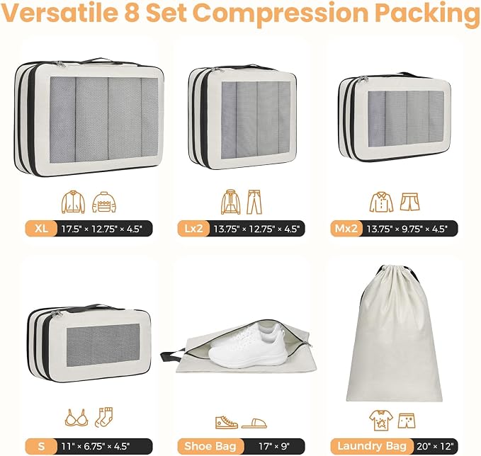 BAGAIL 8 Set Compression Packing Cubes, Expandable Luggage Organizer Bags for Travel Accessories (Beige) - Image 3