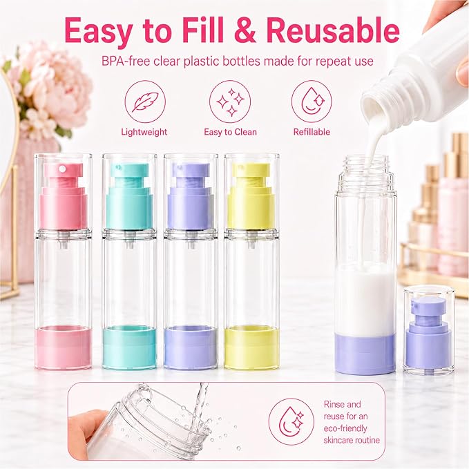 4 Pack Airless Pump Bottles, 1 oz Leakproof Travel Bottles with Pump for Toiletries, Small Empty Containers with Lids for Lotion Creams Serum Skin Care Shampoo Cosmetic Moisturizer Dispenser - Image 5