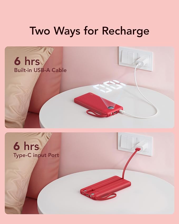 VRURC Portable Charger, Built in 4 Cables & Lanyard Power Bank 10000mAh | Compact USB C Charging Bank 5 Outputs for Multi Devices,Travel Essential for Hiking Camping Business Cruise Ship-Red(1 Pack) - Image 7
