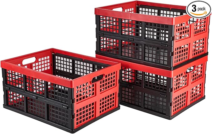 Aebeky 3-Pack Plastic Collapsible Storage Crates-30L,Foldable Plastic Crates for Storage (Black+Red) by Aebeky