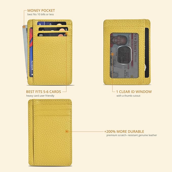 Slim Minimalist RFID Front Pocket Leather Card Holder Wallet, Yellow - Image 2