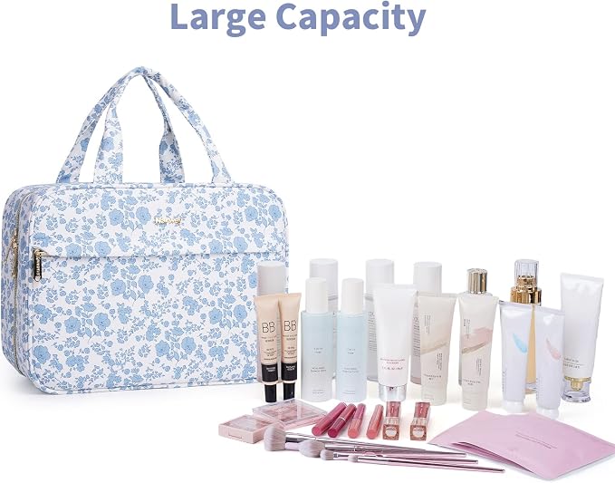 Narwey Floral Hanging Travel Toiletry Bag, Makeup Bag Organizer Make up Toiletries Bags for Full Size Essentials, Accessories, Brushes, Cosmetics (Blue Flower, Large) - Image 6