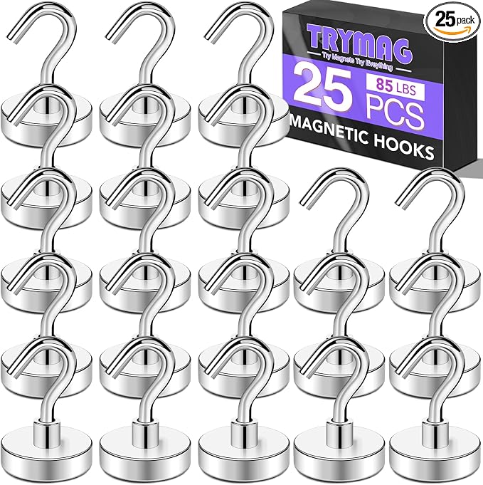 Magnetic Hooks for Cruise Cabins, 85LBS, 25 Pack, Silver | Cruise Essentials 2026, Heavy Duty Magnets Hooks for Refrigerator, Storage, Grill, Hanging and Kitchen by TRYMAGMagnets