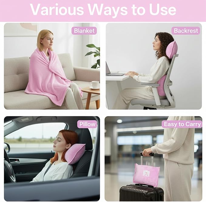 Travel Blanket and Pillow, Ultra-Soft, Compact & Lightweight, 60x50 in, Airplane Travel Essentials with Hand Luggage Sleeve and Backpack Clip, for Travel & Picnic (Pink) - Image 5