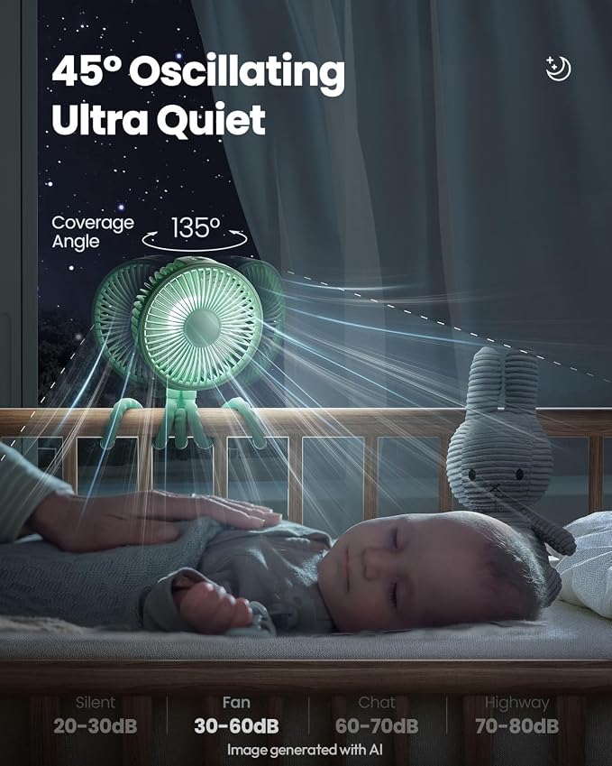 Gaiatop Oscillating Baby Stroller Fan with LED Lights, Rechargeable Green | 4-Speed Quiet Cooling, 4.6 In, Battery Operated, 360° Rotate Clip On Small Portable Fans for Car Seat Crib Treadmill Travel - Image 4
