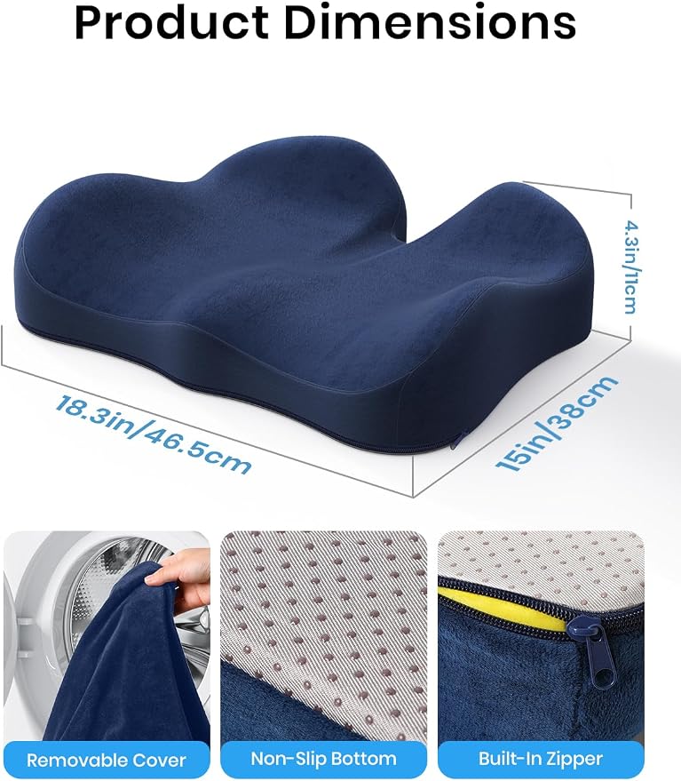 Benazcap Seat Cushion - Memory Foam Car Seat Pad - Sciatica & Lower Back Pain Relief - Car Seat Cushions for Driving - Road Trip Essentials for Drivers, Dark Blue - Image 2