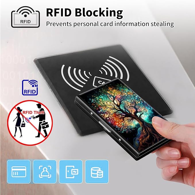 Metal Wallet,Credit Card Holder for Women Men,RFID Blocking Card Holder Wallet Mini Slim Aluminum Wallet ID Case Hard Card Case Business Card Holder Case,Colorful Tree - Image 3