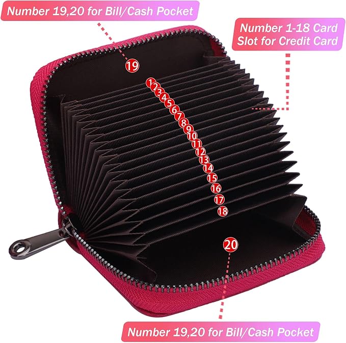 Linno RFID 20 Slots Credit Card Holder Genuine Leather Small Wallet for Women or Men with Zipper - Image 2