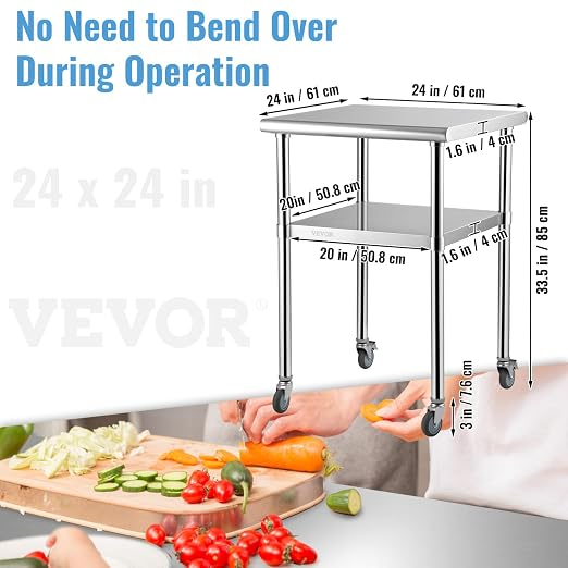 VEVOR Stainless Steel Prep Table, 24 x 24 x 33.5 Inch, 600lbs Load Capacity Heavy Duty Metal Worktable with Adjustable Undershelf & Universal Wheels, Commercial Workstation for Kitchen Garage Backyard - Image 3