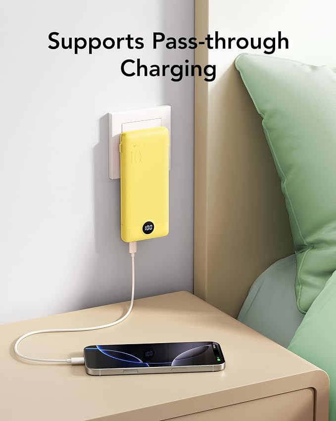 VRURC 10000mAh Power Bank, 22.5W USB C Portable Charger, Yellow | Built-in AC wall plug and cables, LED display, airline approved, slim 8 oz design - Image 7