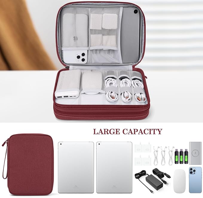 FYY Electronic Organizer, Travel Tech Pouch Bag, Extra Large, Wine Red | Wrist Strap, Waterproof, Double Layers Electronics Travel Case for iPad, Cord, Laptop Charger, Daily and Business Trips Use - Image 6