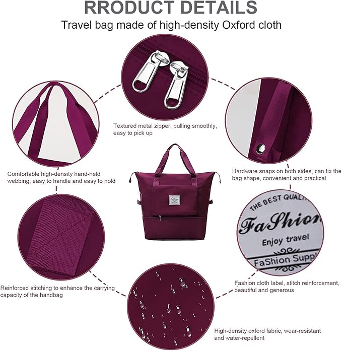 Large Capacity Folding Travel Bag, Lightweight Waterproof Luggage Bag, Expandable Travel Duffel Bag, Dry Wet Separated Gym Tote Bag, Weekender Overnight Bags for Women and Man (Fuchsia) - Image 6