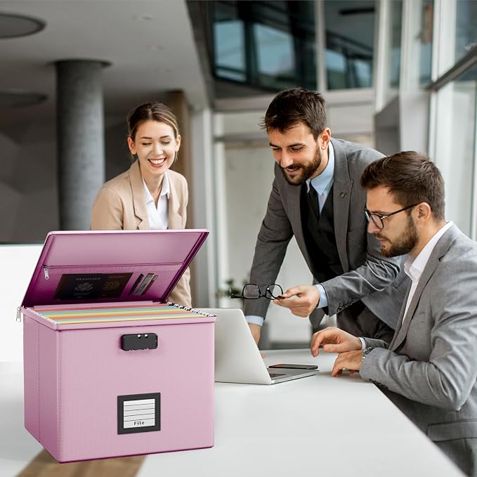 Pink Fire Proof File Box for Documents - Portable Fireproof Document Organizer Box with Handle Waterproof Safe Locking Folder Storage with Lid - Image 2