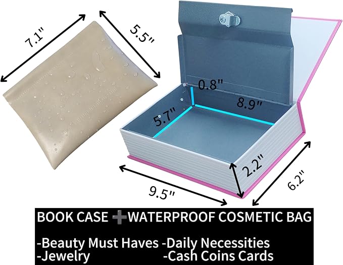 Book Safe with Key Lock - Hidden Compartment Security Box for Cash, Jewelry & Passports | Portable Steel Lockbox for Home, Office, Travel | 9.5"x6.2"x2.2" | Cosmetic Bag Included(Pink Memory) - Image 4