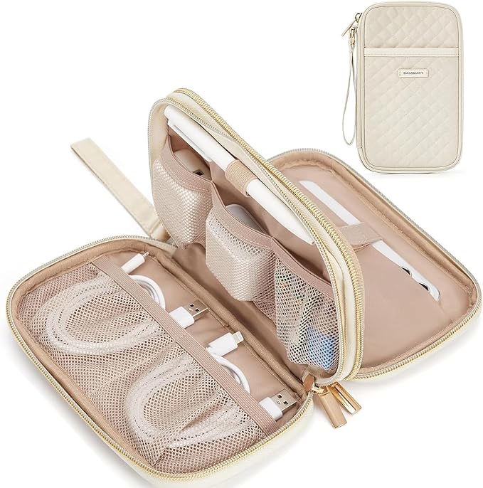 BAGSMART Electronic Cord Cable Organizer Travel Bag Case, Double Layers Tech Electronic Bag, Essentials for Charger, Cable, Phone, Flash drive, Beige by BAGSMART