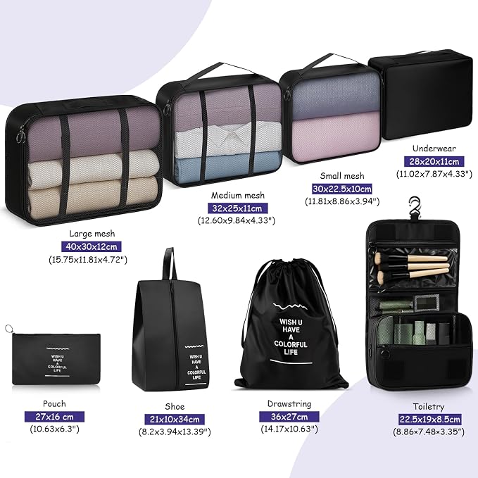 Fosmon 8-Piece Packing Cubes, Black Travel Luggage Organizer Set | Mesh storage bags for clothes/shoes/toiletries, durable, lightweight, ideal for carry-on and vacation, 8-piece set. - Image 3