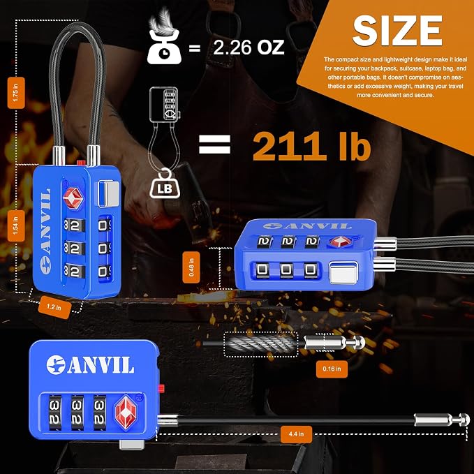 ANVIL TSA Locks for Luggage with Search Alert: Durable Cable Combination Locks, TSA Approved - Secure Travel Locks for Suitcases, Backpacks & Gun Cases (2, Blue) - Image 6