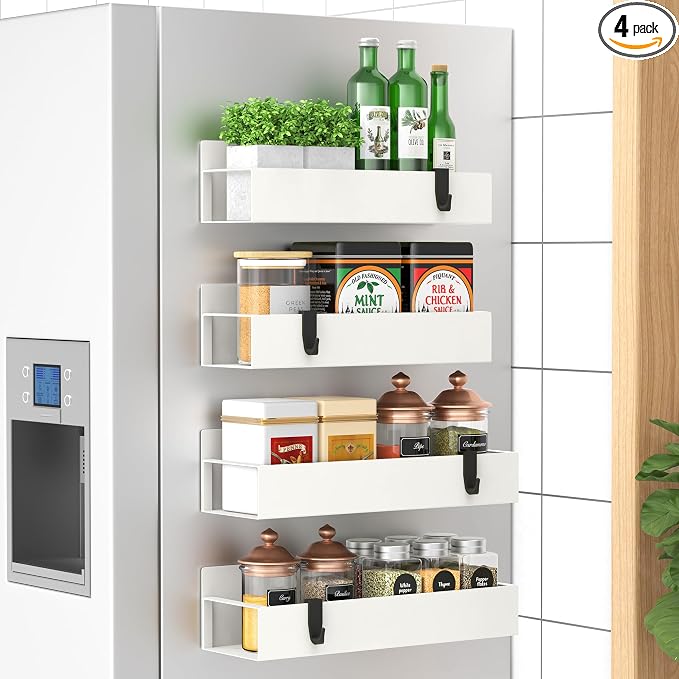 HuggieGems Metal Magnetic Spice Rack for Refrigerator Cream White, 4 Pack | Magnetic Shelves Heavy Duty for Fridge in Kitchen, Seasoning Storage Organizer, For Oven Washer and Dryer, For Heavier Items by HuggieGems