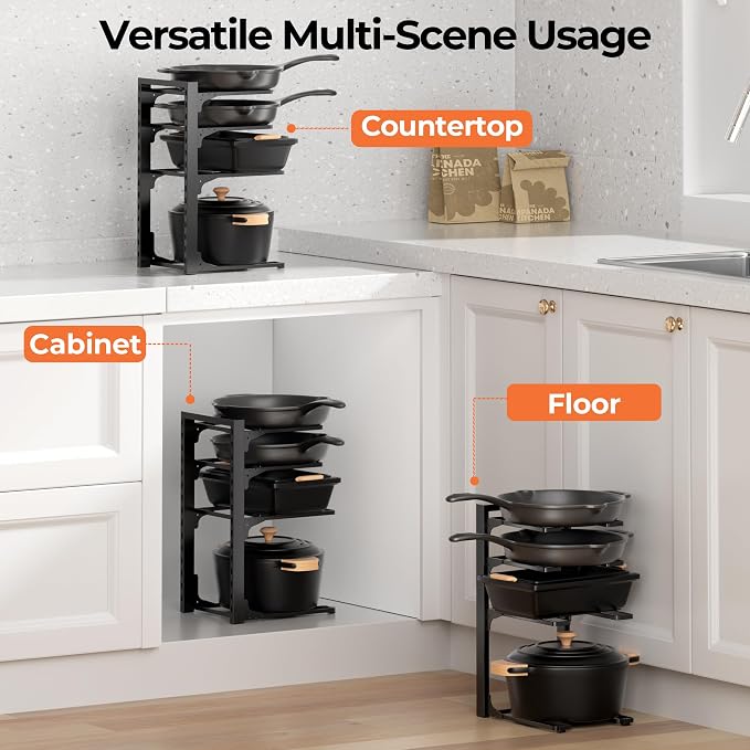 MUDEELA Pot and Pan Organizer Under Cabinet 15.75", 4-Tier Pot Rack, 2 Pack | Adjustable Tier, Tool-Free Assembly, Max 88 Lbs, Fits Cast Iron Pans, Skillets & Heavy Shallow Cookware, For Kitchen Cabinets - Image 6