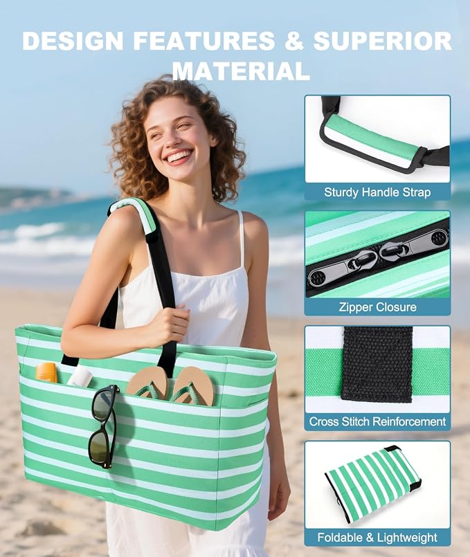 ISEYOU Extra Large Beach Bag Waterproof Beach Totes Bags for Women, Lightweight Foldable Pool Bag with Zipper Wet Compartment - Image 6