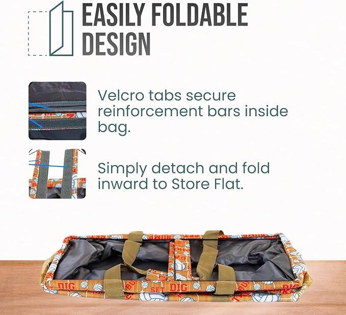 Extra Large Utility Tote Bag - Oversized Collapsible Reusable Wire Frame Rectangular Canvas Basket With Two Exterior Pockets For Beach, Pool, Laundry, Car Trunk, Storage - Volleyball - Image 6