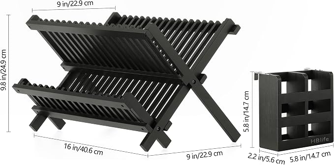 HBlife Dish Rack, Bamboo Folding 2-Tier Collapsible Drainer Dish Drying Rack with Utensils Flatware Holder Set (Dish Rack with Utensil Holder) - Image 2