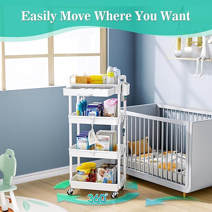 SUNALLY 4 Tier Rolling Cart with Drawer, Craft Storage Cart Organizer,White | Bathroom Storage Organizer with 2 Lockable Wheels, Rolling Utility Cart for Kitchen, Office, Baby, Makeup, Nail,Snack,Laundry - Image 4