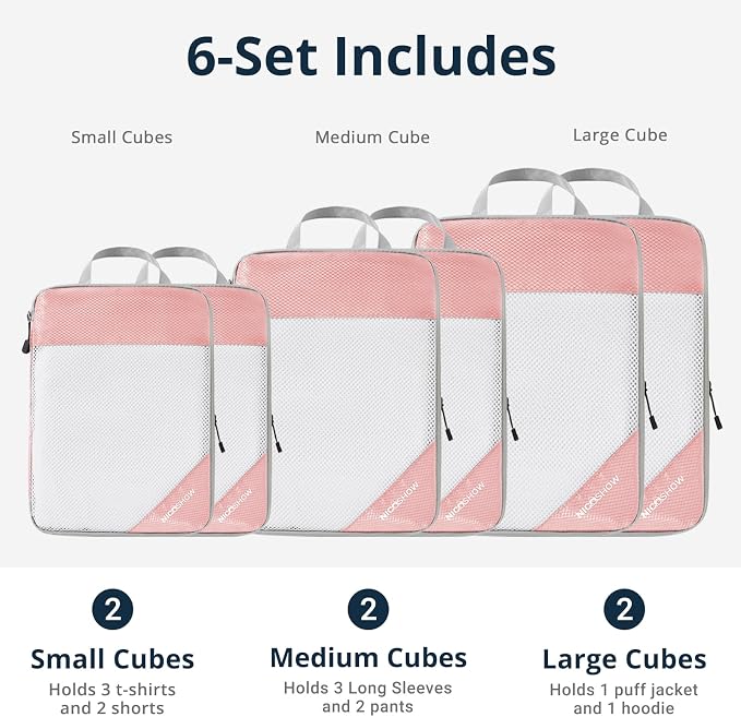Compression Packing Cubes 6 Set, Compressible Space-Saving Packing Cubes for Travel - Compression Bags, Luggage Organizer, Travel Essentials for Women, Pink - Image 3
