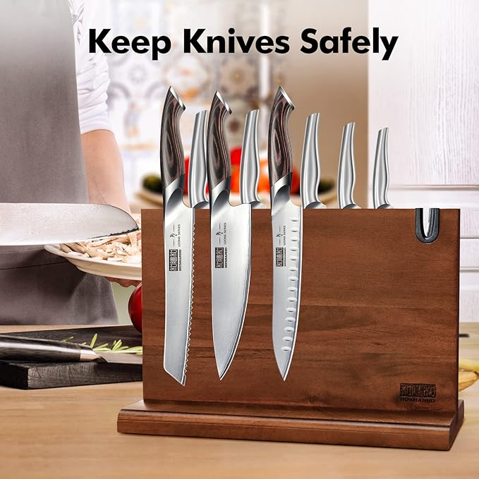 HOSHANHO Magnetic Knife Block 14 x 10", Double Sided Magnetic Knife Holder | Magnetic Knife Storage Stand for Kitchen Counter, Acacia Wood Knife Stand Rack with Knife Sharpener, Kitchen Organizer, Gifts - Image 7