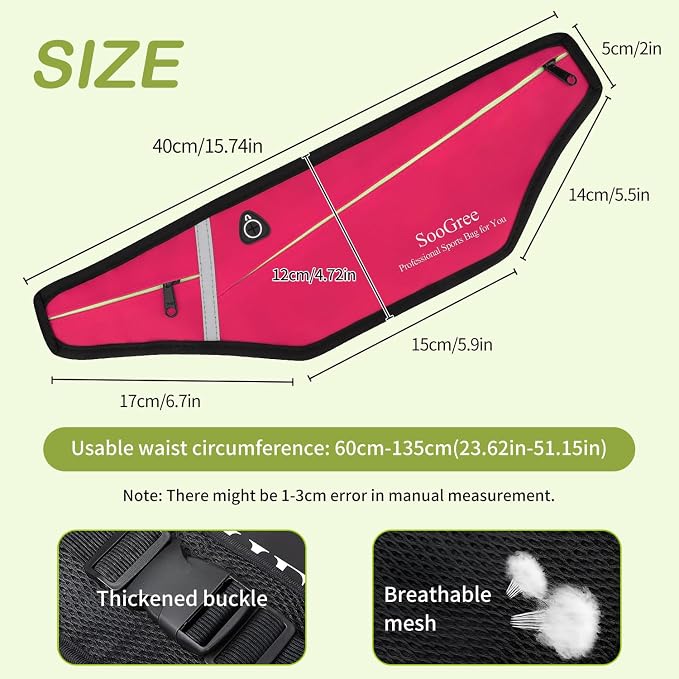 SooGree Slim Running Belt Fanny Packs for Women Men,Water Bottle Holder Hydration Fanny Pouch,Waterproof Sport Waist Pack with Reflective Strip,Runner Belt Bag for Running Cycling Camping Gym (Pink) - Image 2