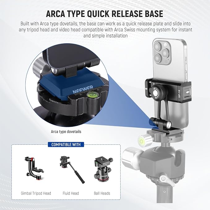 NEEWER Phone Tripod Mount Adapter with Arca Type QR Base, Cold Shoe, SP-18 | 1/4" 3/8" Holes, 360° Swivel, 180° Tilt, Phone Holder Compatible with iPhone Samsung Arca Swiss DJI RS 4 Pro 3 2 Stabilizer - Image 6