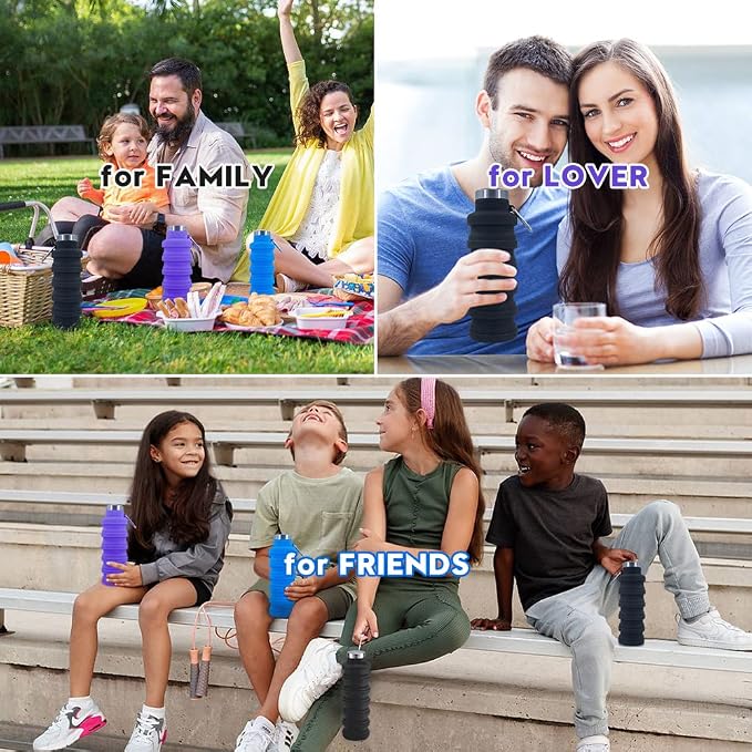 Collapsible Water Bottles 3 pack17oz (Black+Purple+Blue | BPA Free Travel Silicone Water Bottle with Carabiner，Reusable Foldable Portable Sports Bottle for Travel Camping Hiking - Image 7
