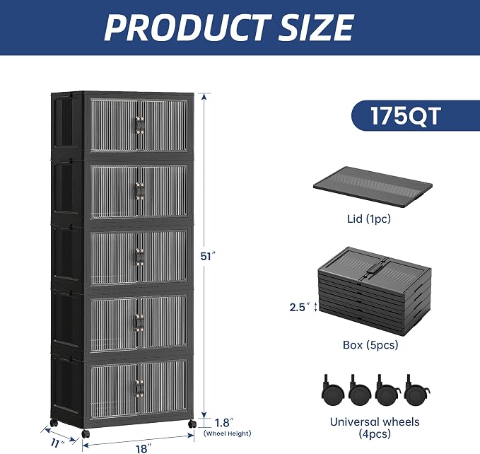 SAILUN 175Qt Stackable Storage Bins,Storage Cabinet with a Lid,5 Pack Black | Stackable Storage Drawers with Lids,18" W x 11" D x 51" H,Featuring open-front Access for Clothes and Closet Storage - Image 4