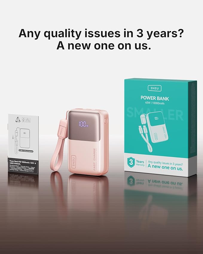 INIU Portable Charger, Ultra Mini 10000mAh 45W Fast Charging Power Bank | Flight-Safe, USB-C Cable, Travel Essential, 45W Battery Phone Pack for iPhone 17 16 Samsung S26 Google iPad etc, Light Pink - Image 8